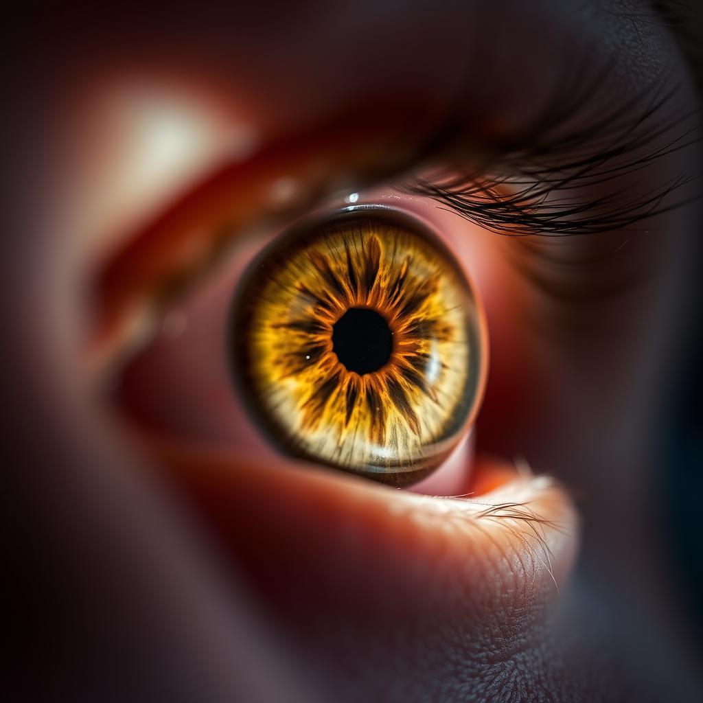 A close-up view of human pupils dilating in response to bright light, with a detailed focus on the texture and color variations in the iris