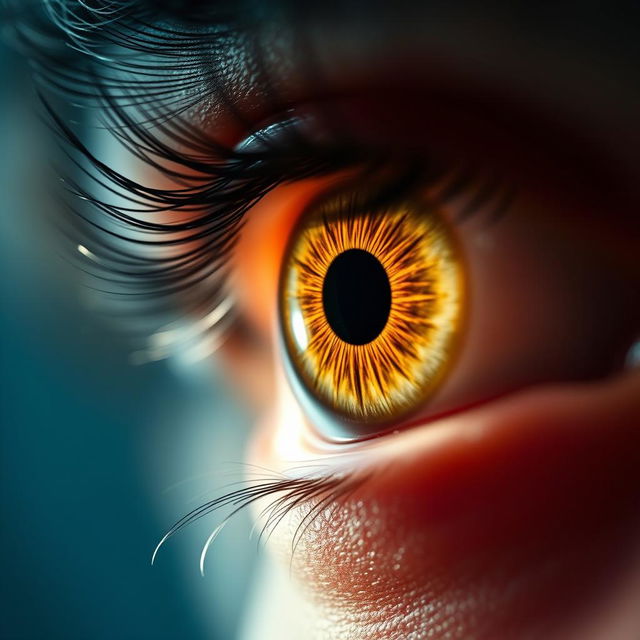 A close-up view of human pupils dilating in response to bright light, with a detailed focus on the texture and color variations in the iris