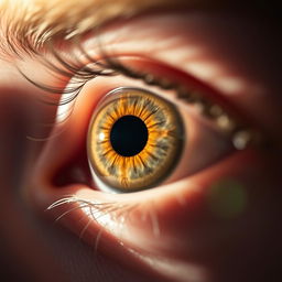 A close-up view of human pupils dilating in response to bright light, with a detailed focus on the texture and color variations in the iris