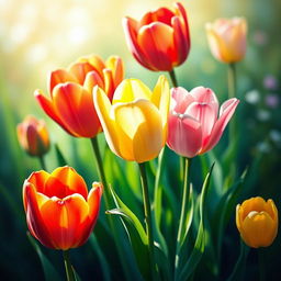A vibrant and beautifully detailed painting of tulips in a variety of colors, such as red, yellow, and pink, illuminated by soft, warm light