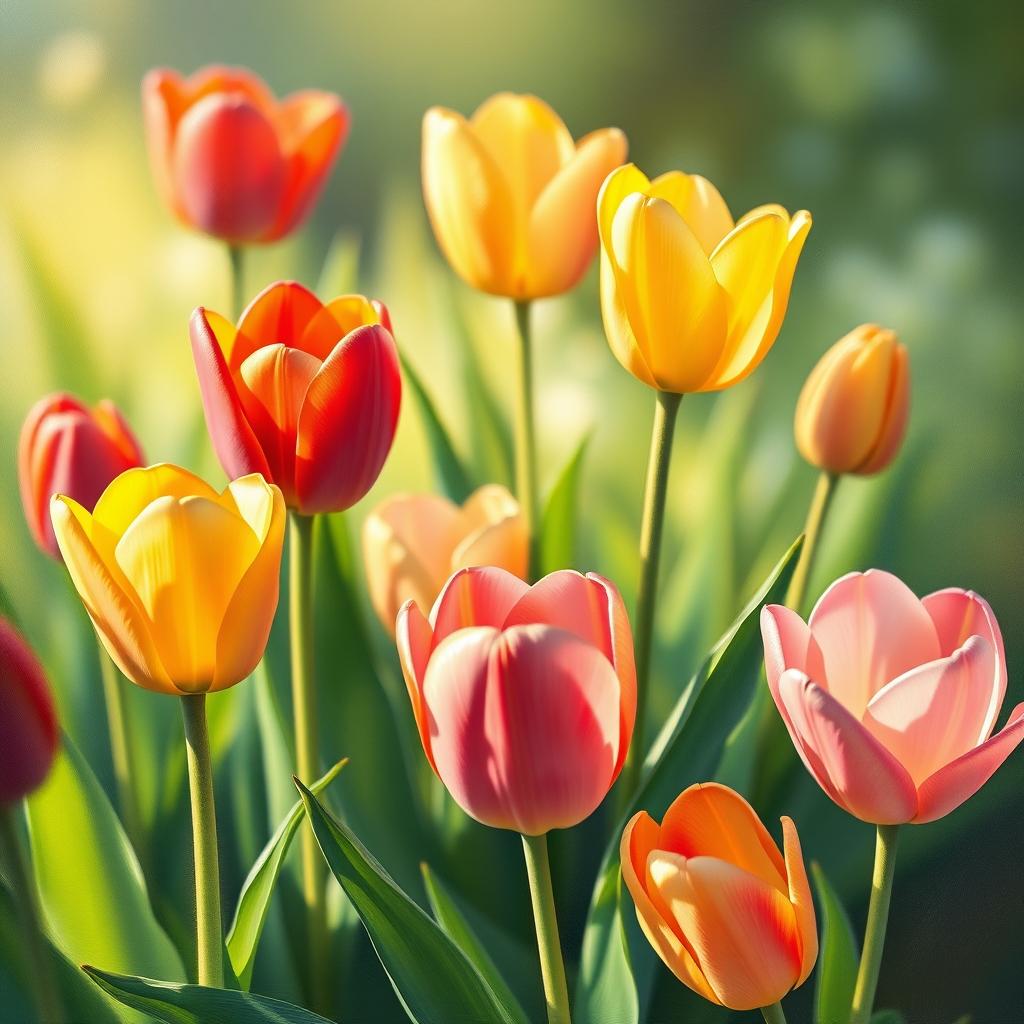A vibrant and beautifully detailed painting of tulips in a variety of colors, such as red, yellow, and pink, illuminated by soft, warm light
