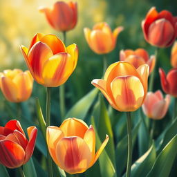 A vibrant and beautifully detailed painting of tulips in a variety of colors, such as red, yellow, and pink, illuminated by soft, warm light