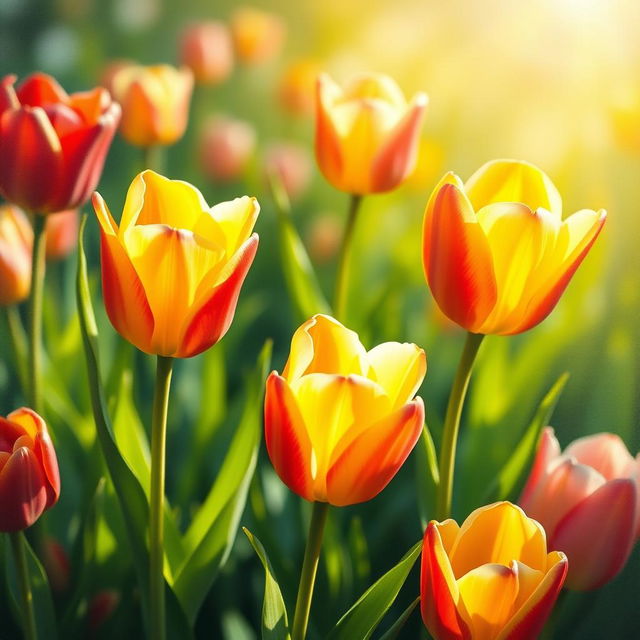 A vibrant and beautifully detailed painting of tulips in a variety of colors, such as red, yellow, and pink, illuminated by soft, warm light