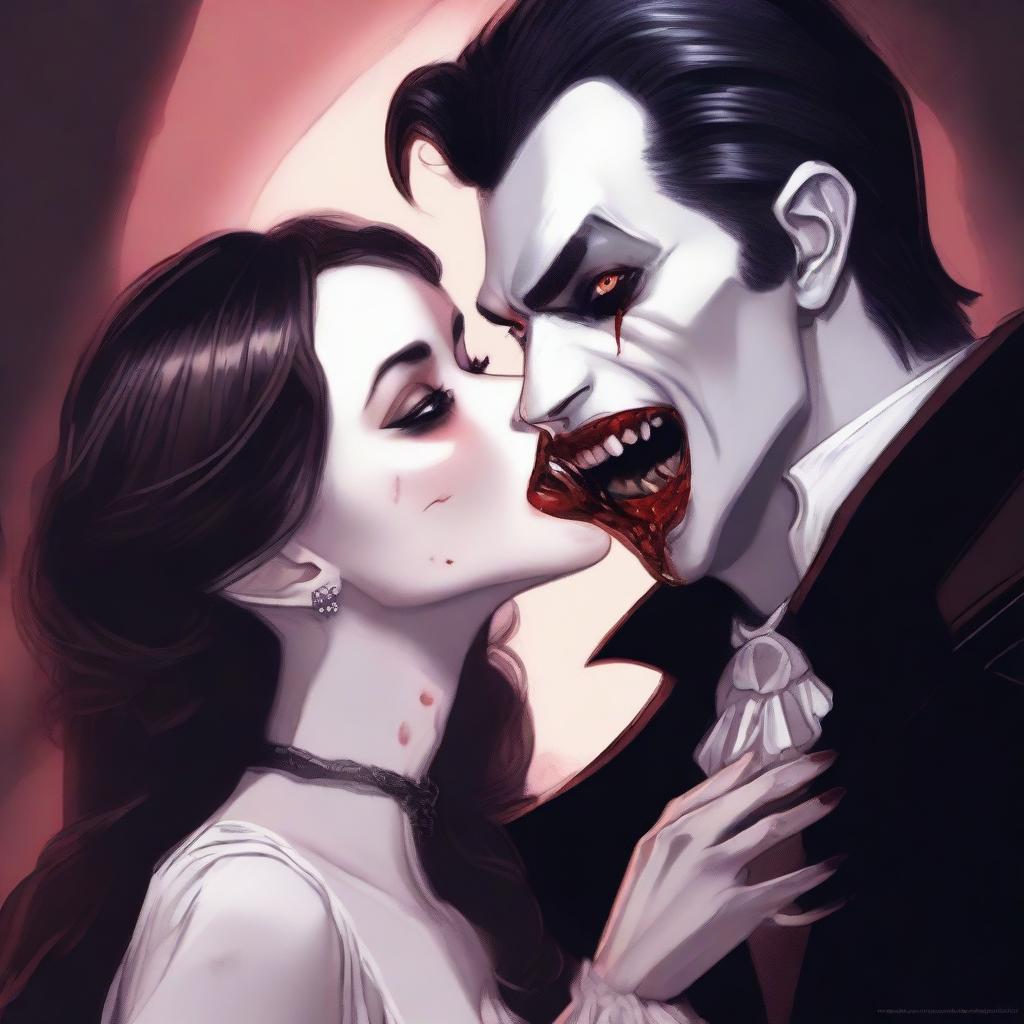 A high-quality digital artwork showcasing a vampire drinking blood from a girl