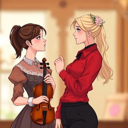 An illustration of two women in their 20's intensely staring at each other