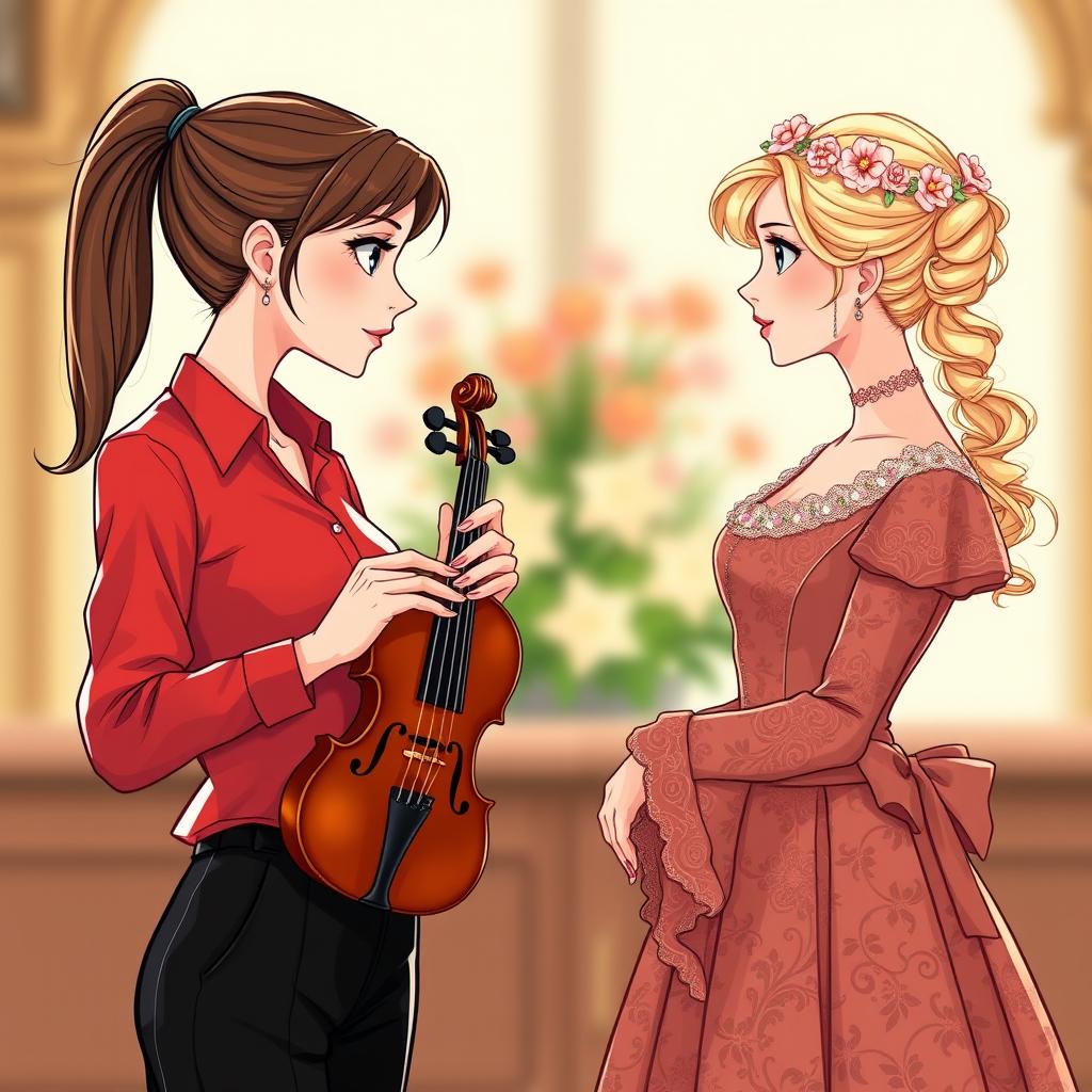 An illustration of two women in their 20's intensely staring at each other