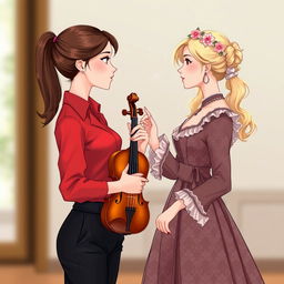 An illustration of two women in their 20's intensely staring at each other