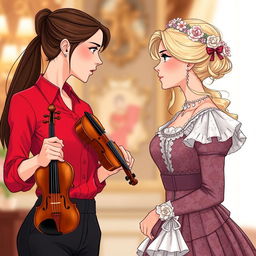 An illustration of two women in their 20's intensely staring at each other
