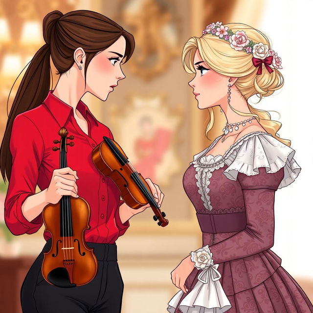 An illustration of two women in their 20's intensely staring at each other