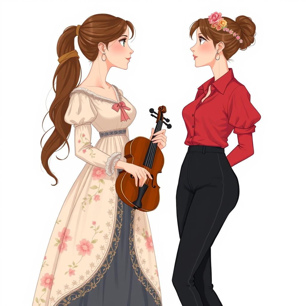 An illustration featuring two women in their 20's gazing at each other with admiration