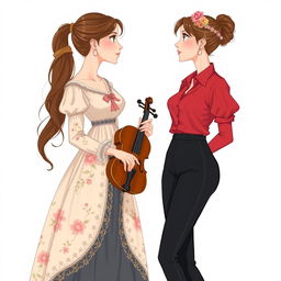 An illustration featuring two women in their 20's gazing at each other with admiration