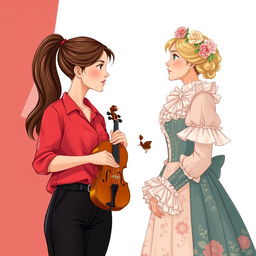 An illustration featuring two women in their 20's gazing at each other with admiration