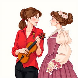 An illustration featuring two women in their 20's gazing at each other with admiration