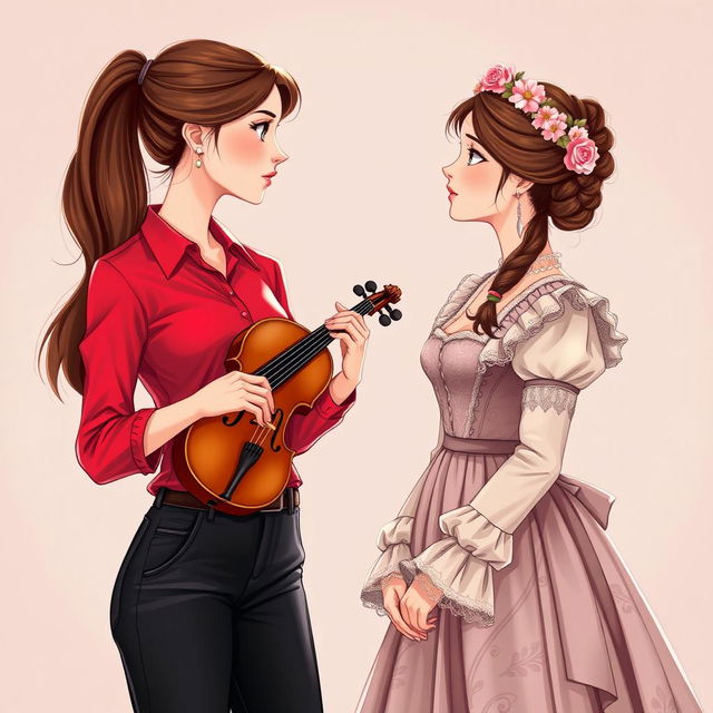 An illustration featuring two women in their 20's gazing at each other with admiration