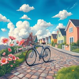 A surrealistic painting capturing the tranquility of riding a bicycle through beautiful streets