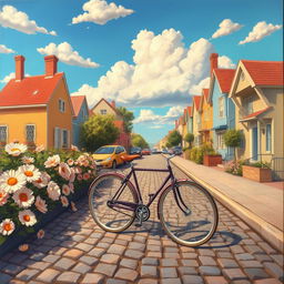 A surrealistic painting capturing the tranquility of riding a bicycle through beautiful streets