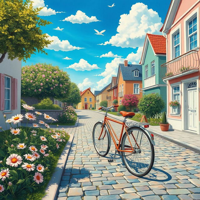 A surrealistic painting capturing the tranquility of riding a bicycle through beautiful streets