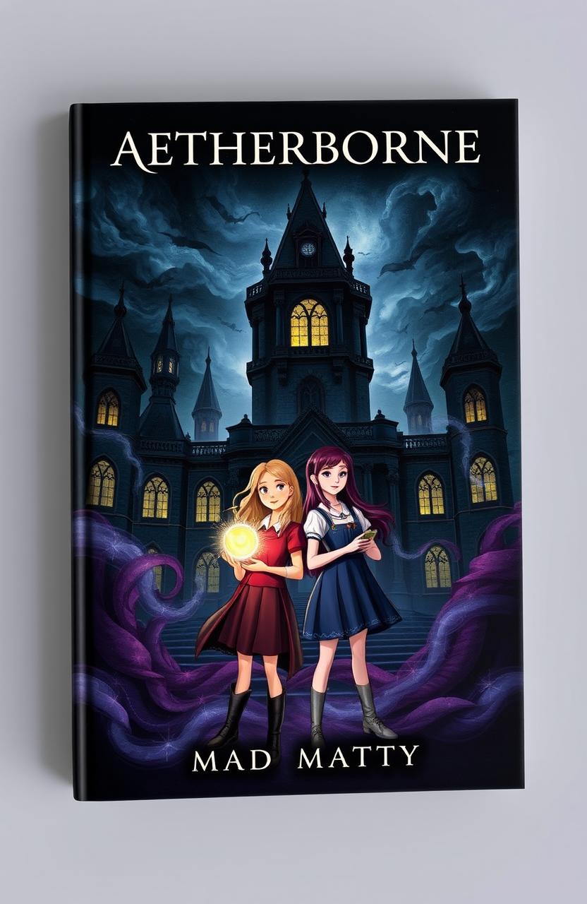 A book cover featuring two girls standing confidently in front of a gothic-inspired magical academy
