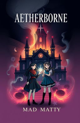 A book cover featuring two girls standing confidently in front of a gothic-inspired magical academy
