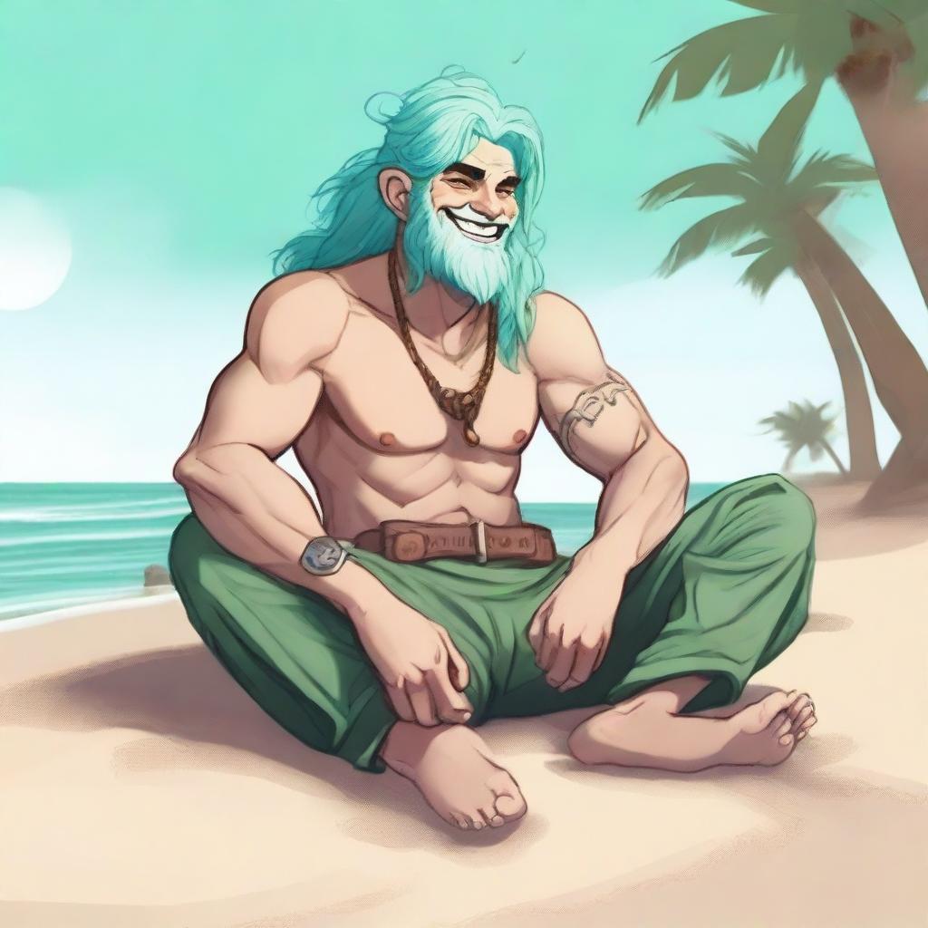 A high quality digital art piece showcasing a male firbolg with seafoam green hair, sitting leisurely on a sandy beach