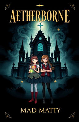 A book cover featuring two girls standing confidently in front of a gothic-inspired magical academy