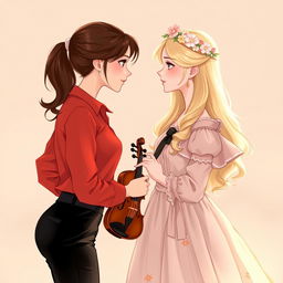 An illustration of two young women in their 20s gazing intensely at each other, conveying a sense of mesmerization