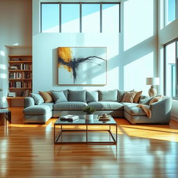 A brightly lit modern living room with a large sofa, stylish decorations, and an oversized abstract art piece on the wall