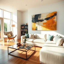 A brightly lit modern living room with a large sofa, stylish decorations, and an oversized abstract art piece on the wall