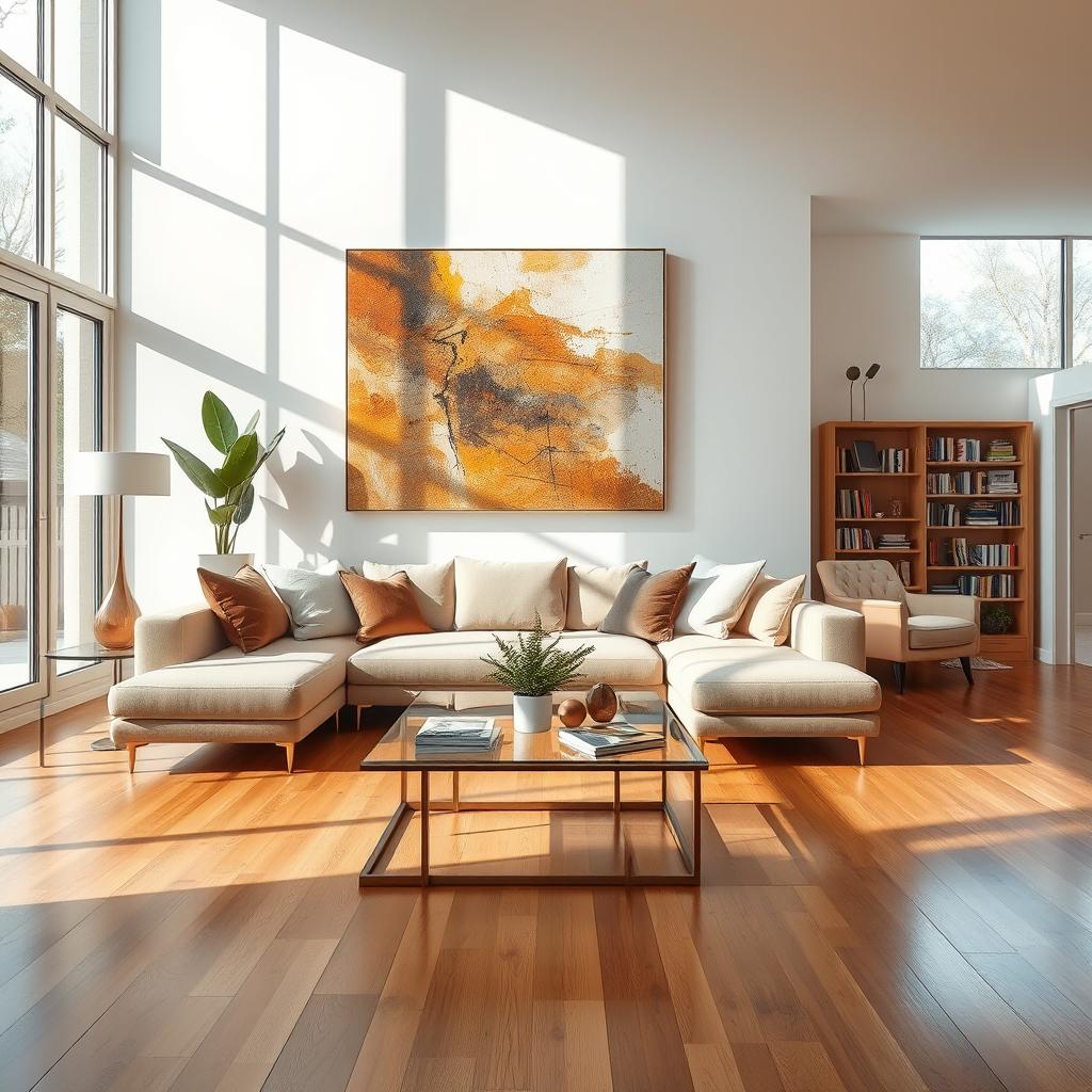 A brightly lit modern living room with a large sofa, stylish decorations, and an oversized abstract art piece on the wall