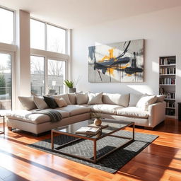 A brightly lit modern living room with a large sofa, stylish decorations, and an oversized abstract art piece on the wall