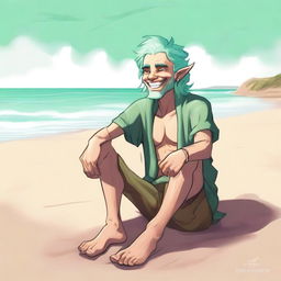 A high quality digital art piece showcasing a male firbolg with seafoam green hair, sitting leisurely on a sandy beach