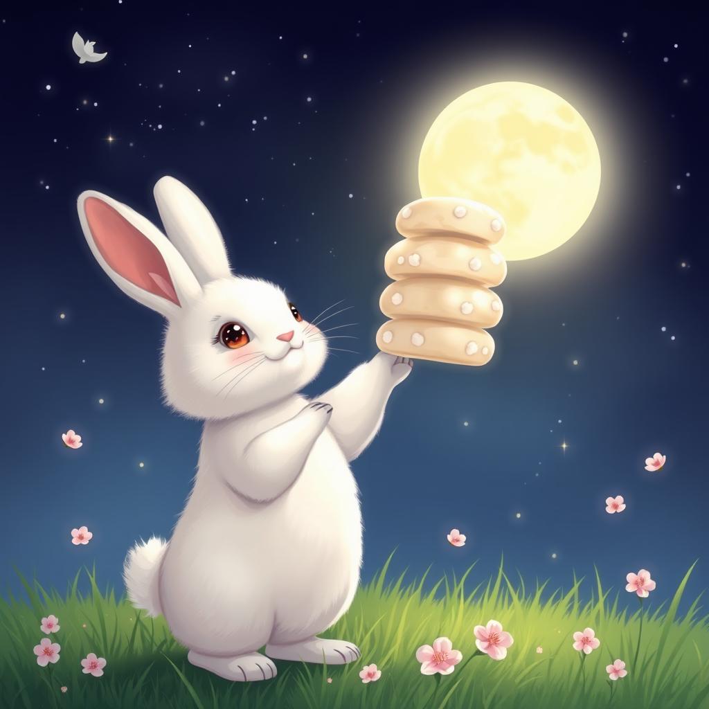 A cute rabbit with soft white fur, standing on its hind legs, holding up a stack of traditional rice cakes towards a glowing full moon