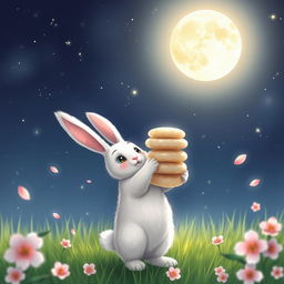 A cute rabbit with soft white fur, standing on its hind legs, holding up a stack of traditional rice cakes towards a glowing full moon