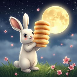 A cute rabbit with soft white fur, standing on its hind legs, holding up a stack of traditional rice cakes towards a glowing full moon