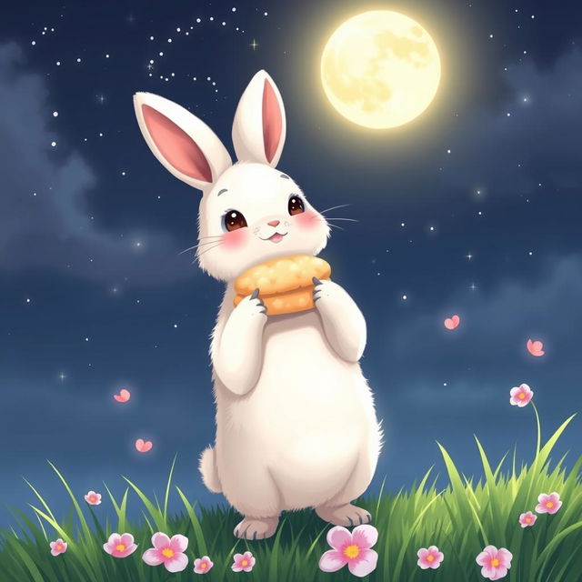 A cute rabbit with soft white fur, standing on its hind legs, holding up a stack of traditional rice cakes towards a glowing full moon