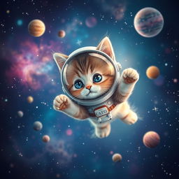 A cute cat floating in outer space, surrounded by colorful stars and planets