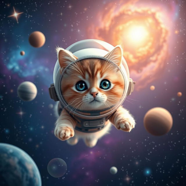 A cute cat floating in outer space, surrounded by colorful stars and planets