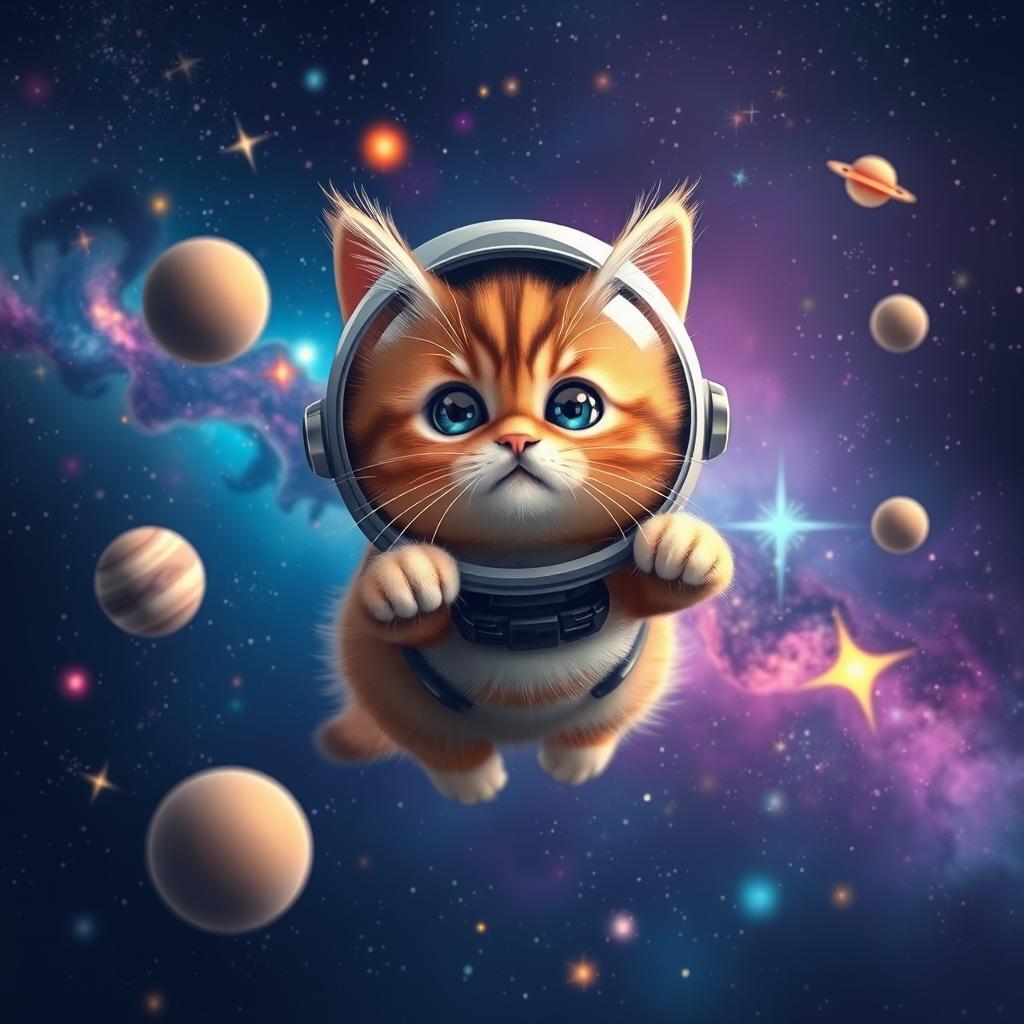 A cute cat floating in outer space, surrounded by colorful stars and planets