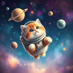 A cute cat floating in outer space, surrounded by colorful stars and planets