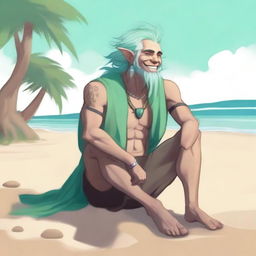 A high quality digital art piece showcasing a male firbolg with seafoam green hair, sitting leisurely on a sandy beach