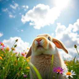 A cute rabbit gazing up at the sky, captured from a low angle shot