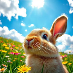 A cute rabbit gazing up at the sky, captured from a low angle shot