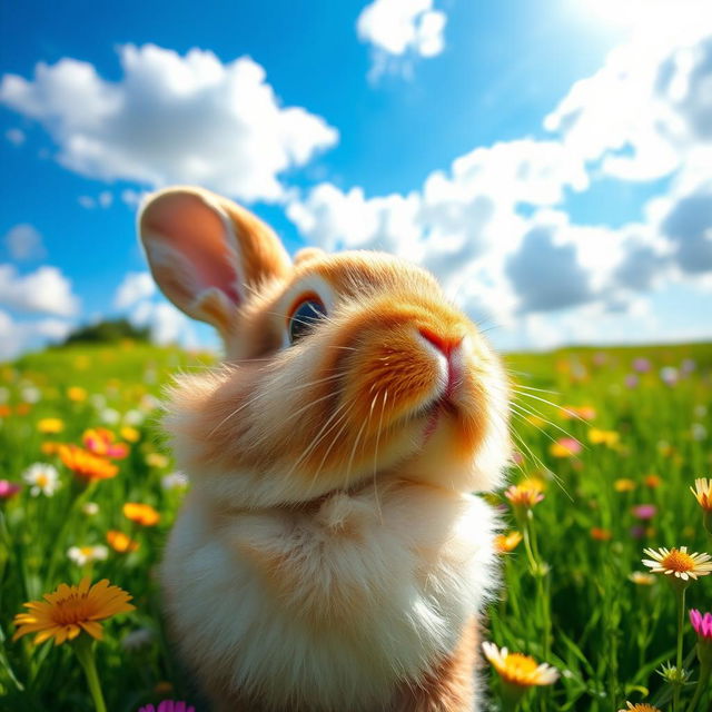 A cute rabbit gazing up at the sky, captured from a low angle shot