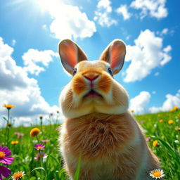 A cute rabbit gazing up at the sky, captured from a low angle shot
