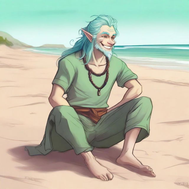 A high quality digital art piece showcasing a male firbolg with seafoam green hair, sitting leisurely on a sandy beach