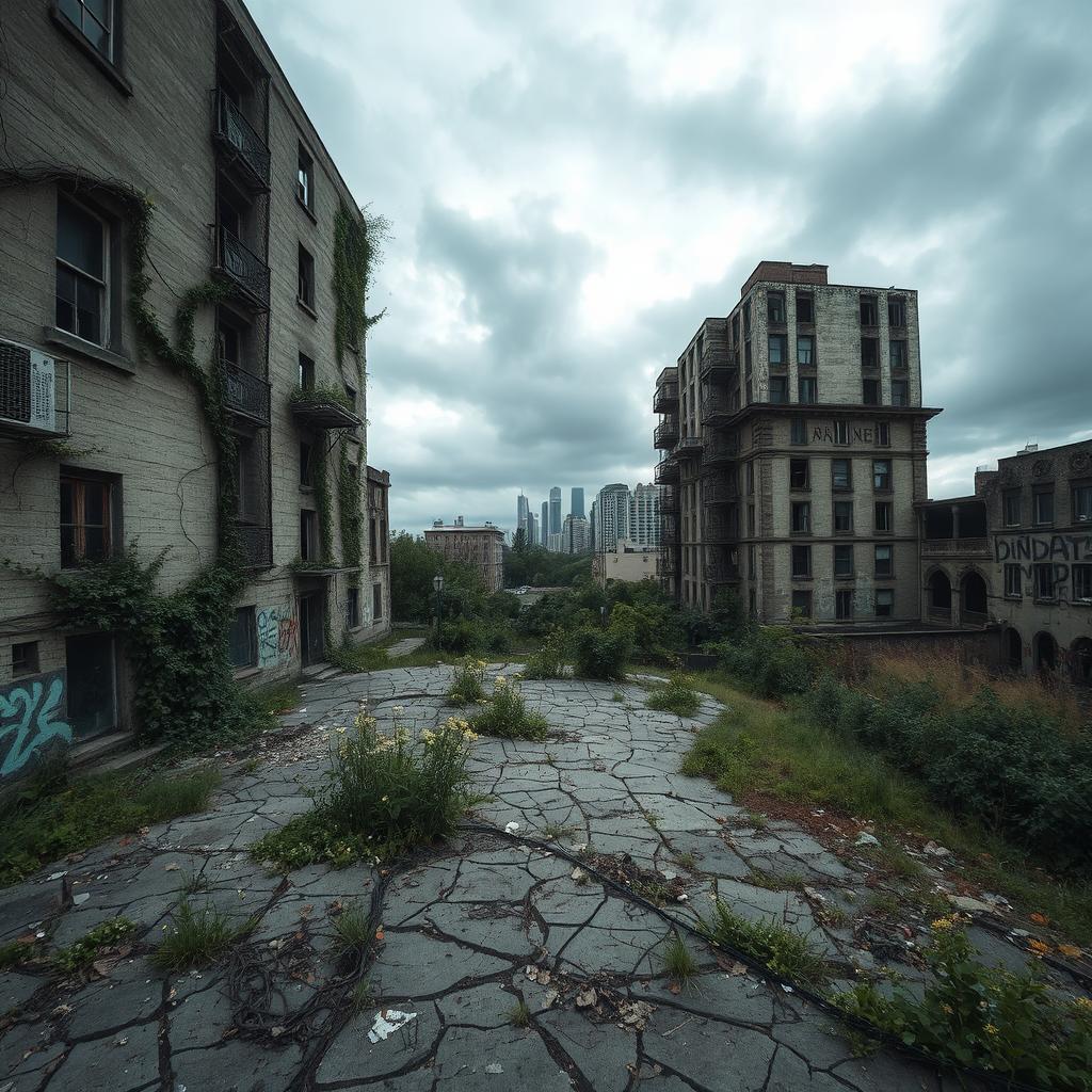 An expansive view of an abandoned cityscape, showcasing decrepit buildings overgrown with vines and vegetation, cracked pavement littered with debris, windows shattered and boarded up, crumbling walls with peeling paint and graffiti, a sense of eerie silence and nostalgia in the air, patches of wildflowers blooming through the cracks, an overcast sky casting a gloomy yet poetic light over the scene, with distant skyscrapers partially visible through fog