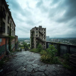 An expansive view of an abandoned cityscape, showcasing decrepit buildings overgrown with vines and vegetation, cracked pavement littered with debris, windows shattered and boarded up, crumbling walls with peeling paint and graffiti, a sense of eerie silence and nostalgia in the air, patches of wildflowers blooming through the cracks, an overcast sky casting a gloomy yet poetic light over the scene, with distant skyscrapers partially visible through fog
