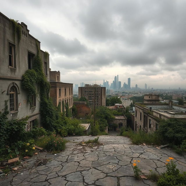 An expansive view of an abandoned cityscape, showcasing decrepit buildings overgrown with vines and vegetation, cracked pavement littered with debris, windows shattered and boarded up, crumbling walls with peeling paint and graffiti, a sense of eerie silence and nostalgia in the air, patches of wildflowers blooming through the cracks, an overcast sky casting a gloomy yet poetic light over the scene, with distant skyscrapers partially visible through fog