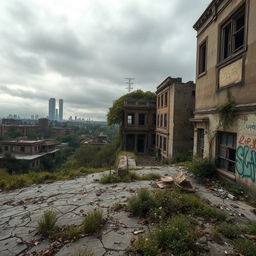 An expansive view of an abandoned cityscape, showcasing decrepit buildings overgrown with vines and vegetation, cracked pavement littered with debris, windows shattered and boarded up, crumbling walls with peeling paint and graffiti, a sense of eerie silence and nostalgia in the air, patches of wildflowers blooming through the cracks, an overcast sky casting a gloomy yet poetic light over the scene, with distant skyscrapers partially visible through fog