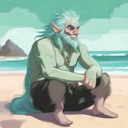 This is a high-definition digital art piece featuring a male firbolg with seafoam green hair and fur